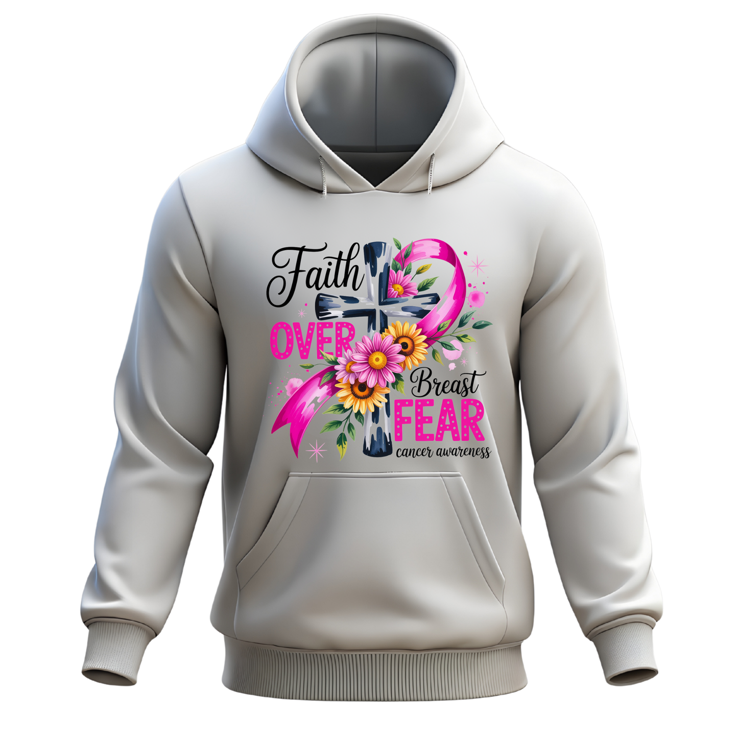 Faith Over Fear Breast Cancer Awareness Hoodie | Pink Ribbon Cross Design | Inspirational Support Hoodie