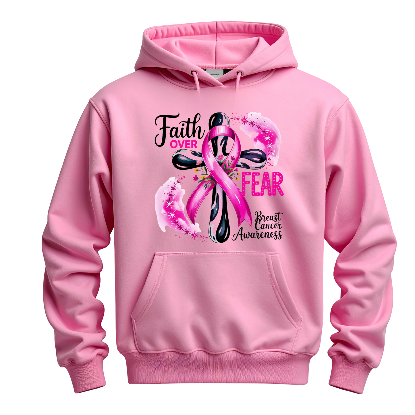 Faith Over Fear Breast Cancer Awareness Hoodie | Pink Ribbon Cross Design | Inspirational Support Hoodie