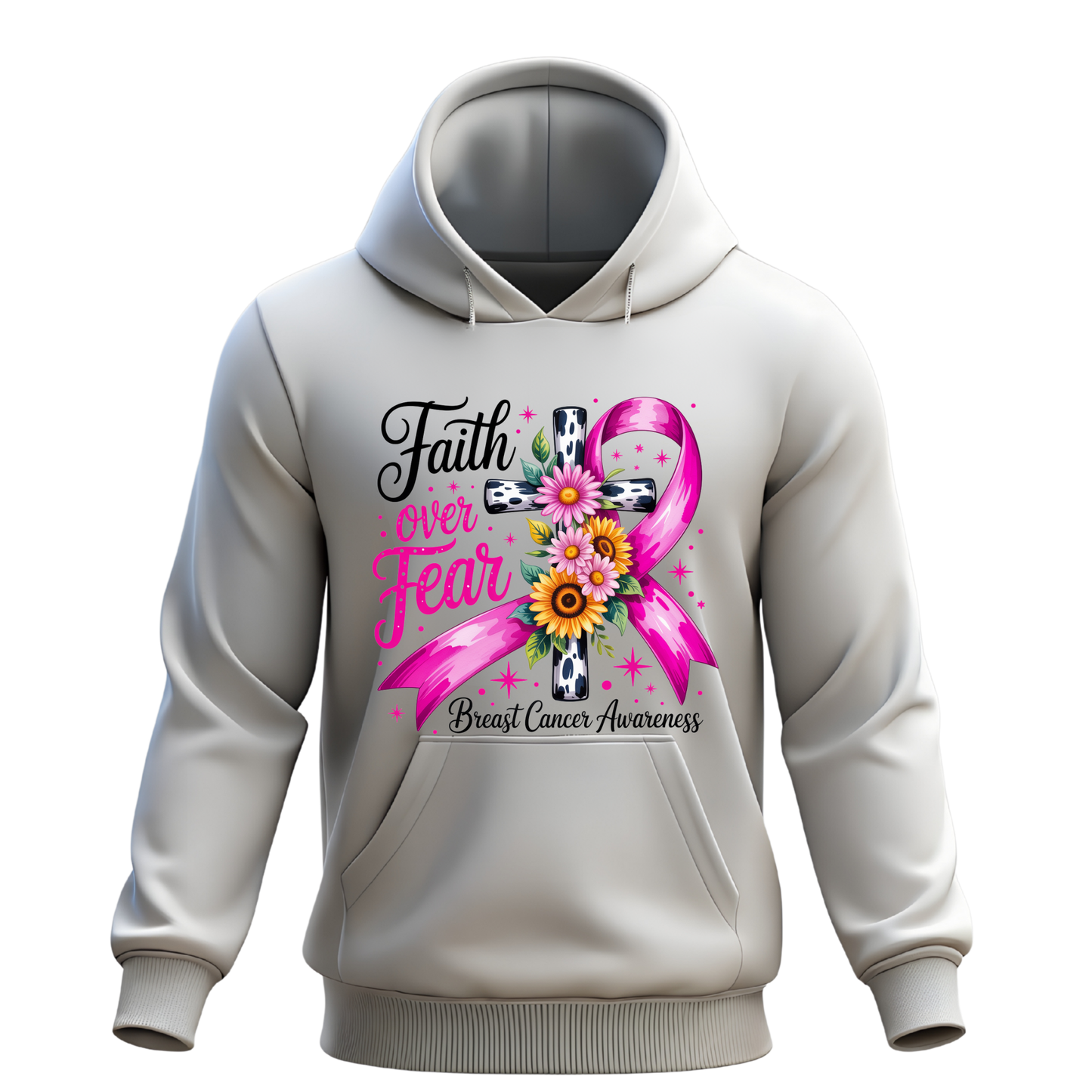 Faith Over Fear Breast Cancer Awareness Hoodie | Pink Ribbon Cross Design | Inspirational Support Hoodie