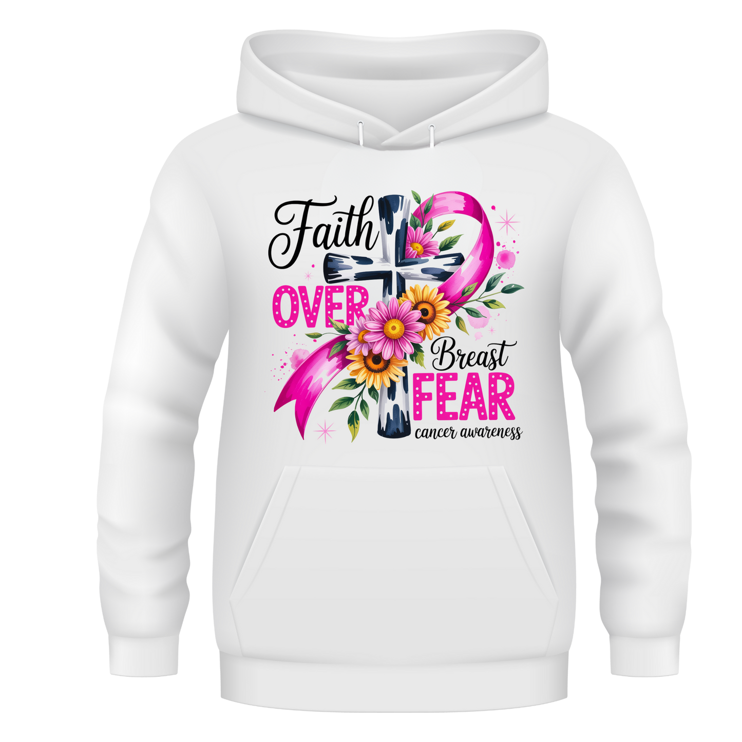 Faith Over Fear Breast Cancer Awareness Hoodie | Pink Ribbon Cross Design | Inspirational Support Hoodie