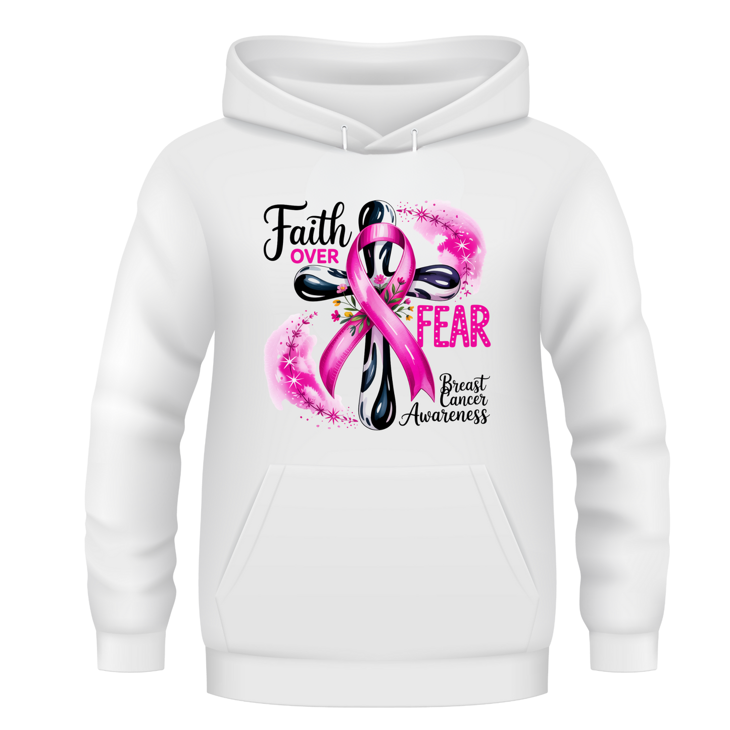 Faith Over Fear Breast Cancer Awareness Hoodie | Pink Ribbon Cross Design | Inspirational Support Hoodie