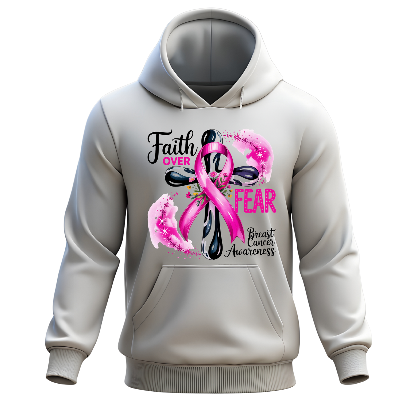 Faith Over Fear Breast Cancer Awareness Hoodie | Pink Ribbon Cross Design | Inspirational Support Hoodie
