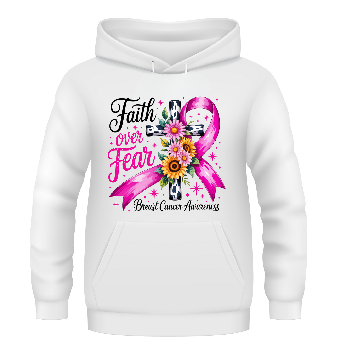 Faith Over Fear Breast Cancer Awareness Hoodie | Pink Ribbon Cross Design | Inspirational Support Hoodie
