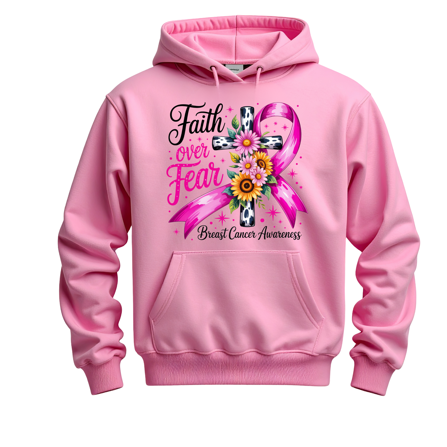 Faith Over Fear Breast Cancer Awareness Hoodie | Pink Ribbon Cross Design | Inspirational Support Hoodie