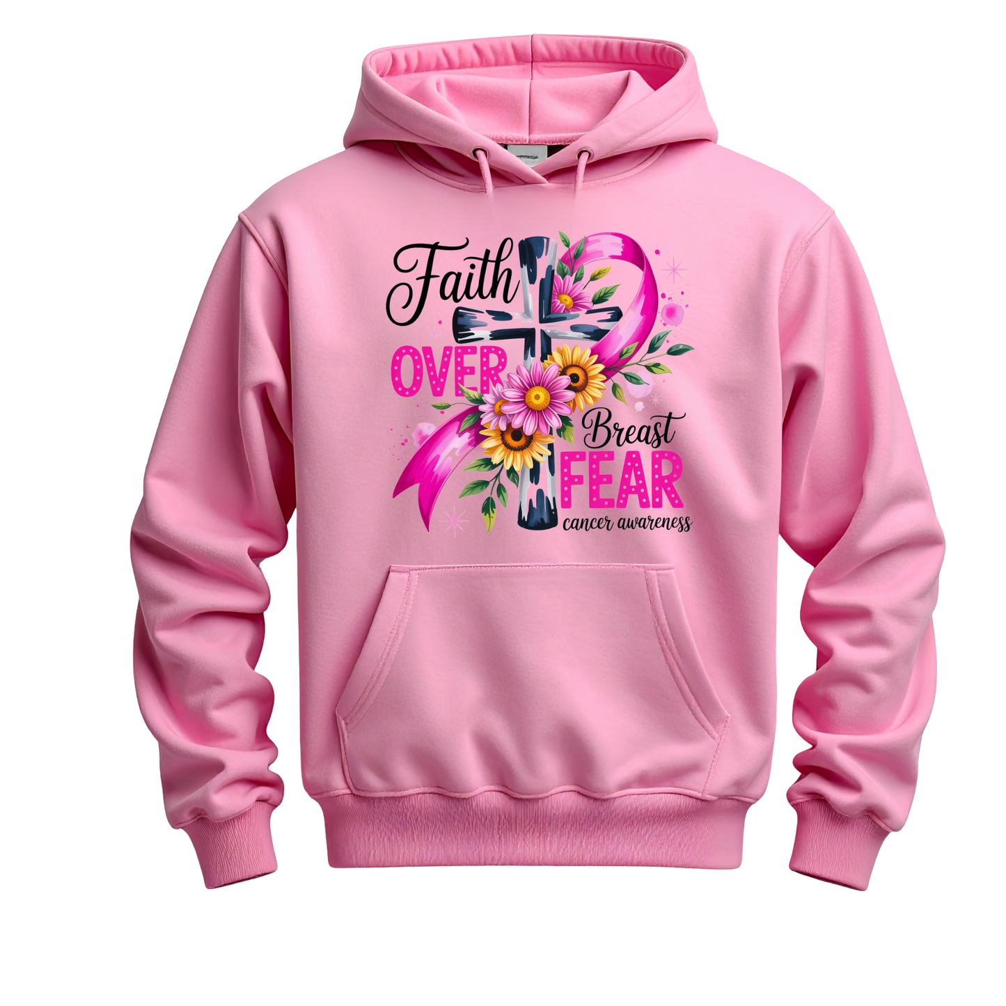 Faith Over Fear Breast Cancer Awareness Hoodie | Pink Ribbon Cross Design | Inspirational Support Hoodie